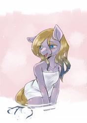 Size: 2508x3541 | Tagged: safe, artist:yajima, oc, oc only, oc:sight jug, earth pony, anthro, unguligrade anthro, arm hooves, breasts, covering, equine, female, high res, leaning, mare, naked towel, open mouth, solo, towel