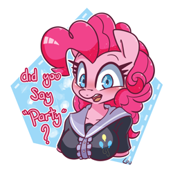 Size: 1500x1500 | Tagged: safe, artist:lou, pinkie pie, earth pony, anthro, g4, blushing, breasts, bust, busty pinkie pie, clothes, female, simple background, solo, that pony sure does love parties, transparent background