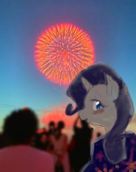Size: 1620x2048 | Tagged: safe, artist:yajima, rarity, pony, unicorn, g4, female, fireworks, horn, looking at you, looking back, looking back at you, mare