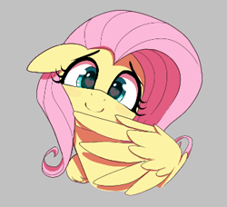 Size: 342x312 | Tagged: safe, artist:thebatfang, fluttershy, pegasus, pony, aggie.io, blushing, c:, cute, female, floppy ears, gray background, heart eyes, looking at you, mare, ponybooru import, shyabetes, simple background, smiling, solo, wing fluff, wingding eyes, wings