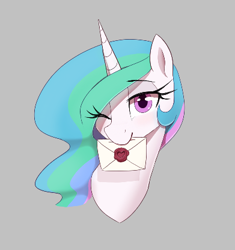 Size: 391x416 | Tagged: safe, artist:thebatfang, princess celestia, alicorn, pony, aggie.io, cute, cutelestia, eye clipping through hair, female, gray background, letter, looking at you, mare, mouth hold, one eye closed, ponybooru import, simple background, smiling, wink, winking at you