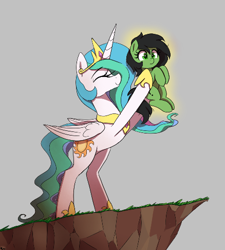Size: 438x487 | Tagged: safe, artist:thebatfang, princess celestia, oc, oc:filly anon, alicorn, earth pony, pony, aggie.io, circle of life, cliff, cropped, drawthread, duo, explicit source, eyes closed, eyes open, female, filly, foal, glowing, gray background, holding a pony, mare, ponybooru import, simple background, smiling, the lion king