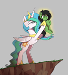 Size: 438x487 | Tagged: safe, artist:thebatfang, princess celestia, oc, oc:filly anon, alicorn, earth pony, pony, aggie.io, circle of life, cliff, duo, eyes closed, female, filly, foal, gray background, holding a pony, mare, ponybooru import, simple background, smiling, the lion king