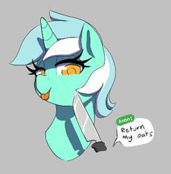 Size: 343x349 | Tagged: safe, artist:thebatfang, lyra heartstrings, oc, oc:anon, pony, unicorn, g4, :p, aggie.io, butcher knife, female, food, gray background, implied anon, knife, knife cat, l.u.l.s., lowres, mare, oats, offscreen character, ponybooru import, simple background, smiling, smug, speech bubble, this will not end well, tongue out