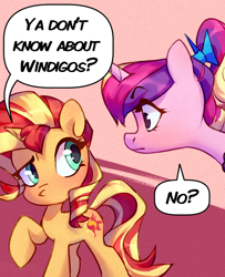 Size: 880x1085 | Tagged: safe, artist:lummh, artist:shore2020, princess cadance, sunset shimmer, alicorn, pony, unicorn, comic:the princess of love, g4, dialogue, female, filly, filly sunset shimmer, foal, looking at each other, looking at someone, mare, raised hoof, speech bubble, teen princess cadance, younger