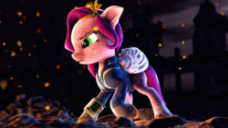 Size: 3840x2160 | Tagged: safe, artist:psfmer, pipp petals, pegasus, pony, fallout equestria, g4, g5, 3d, clothes, cosplay, costume, crossover, dirty, female, high res, jumpsuit, mare, name pun, pipbuck, pun, solo, source filmmaker, vault suit, visual pun