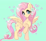 Size: 4000x3540 | Tagged: safe, artist:nin10ja, fluttershy, pegasus, pony, chest fluff, cute, female, flower, flower in hair, green background, heart eyes, looking at you, mare, shyabetes, signature, simple background, solo, wingding eyes