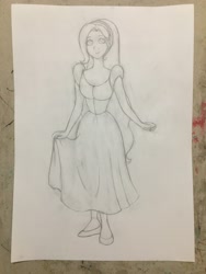 Size: 3024x4032 | Tagged: safe, artist:killerteddybear94, derpibooru exclusive, fluttershy, human, g4, alternate hairstyle, clothes, cosplay, costume, cute, don bluth, dress, female, humanized, long hair, looking away, paper, pencil drawing, photo, shyabetes, smiling, solo, thumbelina, thumbelina (1994), traditional art