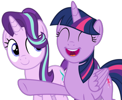 Size: 2713x2228 | Tagged: safe, artist:sketchmcreations, starlight glimmer, twilight sparkle, alicorn, pony, unicorn, g4, sparkle's seven, duo, eyes closed, female, high res, looking at someone, mare, open mouth, raised hoof, simple background, smiling, transparent background, twilight sparkle (alicorn), vector