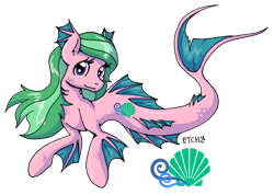 Size: 2899x2069 | Tagged: safe, artist:lankysandwich, oc, oc only, merpony, dorsal fin, female, fins, fish tail, flowing mane, flowing tail, gills, green mane, logo, mare, purple eyes, signature, simple background, smiling, solo, tail, transparent background