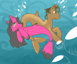 Size: 900x750 | Tagged: safe, artist:bwfe, oc, oc only, hybrid, merpony, seapony (g4), bubble, duo, female, fish tail, flowing mane, green eyes, male, mare, ocean, orange eyes, smiling, stallion, swimming, tail, underwater, water