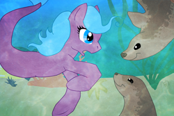 Size: 750x500 | Tagged: safe, artist:bwfe, oc, oc only, earth pony, merpony, seal, seapony (g4), blue eyes, blue mane, female, fish tail, looking at each other, looking at someone, mare, ocean, open mouth, seaponified, seaweed, solo, species swap, swimming, tail, underwater, water