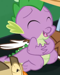 Size: 232x289 | Tagged: safe, screencap, owlowiscious, spike, winona, bird, dog, dragon, owl, g4, just for sidekicks, season 3, bellyrubs, cropped, eyes closed, fangs, male, open mouth, smiling, youtube link