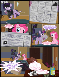 Size: 1042x1358 | Tagged: safe, artist:dendoctor, mean twilight sparkle, pinkie pie, princess luna, alicorn, earth pony, pony, comic:clone.., g4, alternate universe, bits, clone, clothes, comic, couch, female, glowing, glowing horn, hat, horn, magic, newspaper, pinkie clone, quill, swear jar, telekinesis, test tube, twilight sparkle (alicorn)