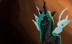 Size: 2265x1400 | Tagged: source needed, safe, artist:tazool, queen chrysalis, changeling, canterlot wedding 10th anniversary, g4, fangs, female, looking down, simple background, solo
