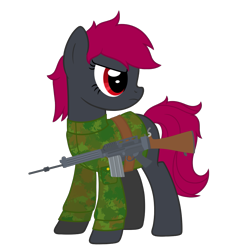 Size: 1009x1071 | Tagged: safe, artist:rociovioleta, oc, oc only, oc:aleshi, pegasus, pony, argentina, clothes, gun, mate, military, military pony, military uniform, red eyes, red hair, simple background, soldier, soldier pony, solo, transparent background, uniform, weapon