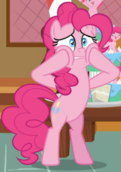 Size: 518x739 | Tagged: safe, screencap, pinkie pie, earth pony, pony, cakes for the memories, g4, spoiler:cakes for the memories, spoiler:mlp friendship is forever, bipedal, cake, cropped, female, food, hooves on cheeks, mare, solo, sugarcube corner, worried