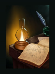 Size: 1280x1707 | Tagged: safe, artist:rocket-lawnchair, changeling, fanfic:bug in a blizzard, g4, anatomy, book, fanfic art, inkwell, lamp, no pony, notebook, notes, oil lamp, quill, research, still life