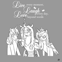 Size: 1600x1600 | Tagged: safe, artist:socialgutbrain777, princess cadance, queen chrysalis, shining armor, alicorn, changeling, pony, unicorn, canterlot wedding 10th anniversary, g4, angry, faic, humor, live laugh love, monochrome, wat