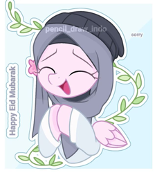 Size: 719x792 | Tagged: safe, artist:pencil_draw_indo, oc, oc only, oc:flower light, pegasus, pony, beanie, eyes closed, female, flower, flower in hair, happy, hat, hijab, indonesia, indonesian, islam, leaves, mare, open mouth, pegasus oc, ramadan, solo, sorry, watermark, wings
