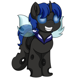 Size: 1000x1000 | Tagged: safe, artist:pvryohei, oc, oc only, oc:swift dawn, changeling, big grin, blue changeling, blue eyes, changeling oc, commission, cute, foal, grin, horn, male, ocbetes, simple background, smiling, solo, standing, toothy grin, transparent background, wings, young, younger