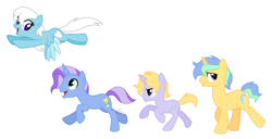 Size: 3900x2000 | Tagged: safe, artist:feather_bloom, oc, oc only, oc:dusk breeze(fb), oc:feather bloom(fb), oc:frost gale(fb), oc:star stream(fb), pegasus, pony, unicorn, family, flying, high res, running, siblings, simple background, white background, wholesome
