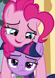 Size: 418x595 | Tagged: safe, screencap, pinkie pie, twilight sparkle, alicorn, earth pony, pony, cakes for the memories, g4, spoiler:cakes for the memories, spoiler:mlp friendship is forever, cropped, duo, duo female, female, frown, lidded eyes, looking at you, lying down, lying on top of someone, mare, pinkie being pinkie, smiling, sugarcube corner, twilight sparkle (alicorn), twilight sparkle is not amused, unamused