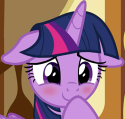 Size: 603x575 | Tagged: safe, screencap, twilight sparkle, alicorn, pony, cakes for the memories, g4, my little pony: friendship is forever, adorkable, blushing, cropped, cute, dork, embarrassed, embarrassed grin, female, floppy ears, hoof over mouth, mare, smiling, solo, sugarcube corner, twiabetes, twilight sparkle (alicorn)
