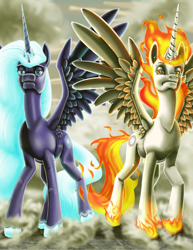 Size: 2550x3300 | Tagged: safe, artist:amalgamzaku, oc, oc only, oc:orbash, oc:tau sunflare, alicorn, pony, fanfic:the lost element, alicorn oc, celestia and luna's father, celestia and luna's mother, cloud, duo, dust, ethereal hair, ethereal mane, ethereal tail, eyebrows, eyebrows visible through hair, fanfic art, female, high res, horn, husband and wife, king, king and queen, lidded eyes, looking at you, male, male alicorn, mare, married couple, multiple horns, queen, raised eyebrow, spread wings, stallion, tail, translucent mane, translucent tail, wings