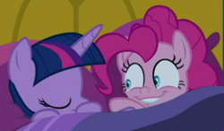 Size: 337x197 | Tagged: safe, screencap, pinkie pie, twilight sparkle, alicorn, earth pony, pony, cakes for the memories, g4, my little pony: friendship is forever, bed, close-up, context is for the weak, cropped, duo, duo female, eyes closed, female, lip bite, looking at someone, mare, out of context, sleeping, smiling, twilight sparkle (alicorn)