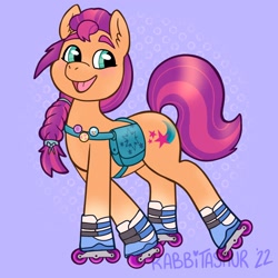 Size: 2048x2048 | Tagged: safe, artist:rabbitasaur, sunny starscout, earth pony, pony, g5, bag, braided ponytail, cute, female, happy, high res, mare, open mouth, open smile, roller skates, saddle bag, smiling, solo, sunnybetes