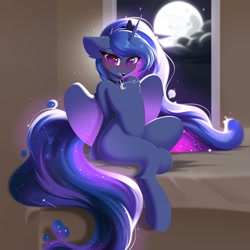 Size: 2048x2048 | Tagged: safe, artist:kebchach, princess luna, alicorn, pony, semi-anthro, g4, bed, blushing, chest fluff, choker, cloud, heart eyes, high res, human shoulders, looking at you, missing cutie mark, moon, night, open mouth, sitting, smiling, solo, window, wingding eyes