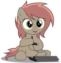 Size: 3400x3540 | Tagged: safe, artist:strategypony, oc, oc only, oc:atari, earth pony, pony, atari, atari 2600, console, controller, earth pony oc, female, filly, foal, high res, namesake, open mouth, open smile, playing, pun, simple background, sitting, smiling, solo, transparent background, video game, visual pun