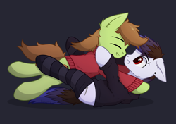Size: 2176x1536 | Tagged: safe, artist:keupoz, oc, oc only, oc:keupoz, earth pony, pony, clothes, commission, ear piercing, earth pony oc, glomp, hoodie, lying down, on back, piercing, simple background, socks, striped socks, sweater