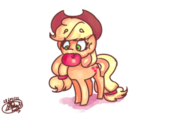 Size: 3600x2400 | Tagged: safe, artist:mannybcadavera, applejack, earth pony, pony, g4, apple, cute, eyebrows, eyebrows visible through hair, female, food, high res, jackabetes, mare, mouth hold, simple background, solo, white background