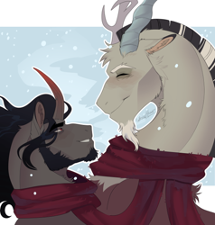 Size: 640x673 | Tagged: dead source, safe, artist:ghoulhowls, discord, king sombra, draconequus, pony, umbrum, unicorn, g4, climate change, clothes, gay, looking at each other, male, outline, reformed sombra, scarf, shared clothing, shared scarf, shipping, signature, simple background, smiling, smiling at each other, snow, sombracord, stallion, stupid sexy discord, stupid sexy sombra, white outline