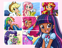 Size: 1024x805 | Tagged: safe, artist:chibi-jen-hen, color edit, edit, editor:diameltzowo, applejack, fluttershy, pinkie pie, rainbow dash, rarity, spike, sunset shimmer, twilight sparkle, dog, human, rabbit, equestria girls, g4, animal, colored, group, human coloration, humane five, humane seven, humane six, moderate dark skin, one eye closed, skin color edit, spike the dog, tan skin, wink