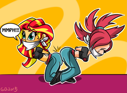 Size: 1157x843 | Tagged: safe, artist:gaggeddude32, sunset shimmer, human, equestria girls, g4, arm behind back, bondage, bound and gagged, butt bump, butt to butt, cloth gag, crossover, eyes closed, flannery, gag, help us, midriff, muffled moaning, muffled words, pokémon, rope, rope bondage, surprised, tied up