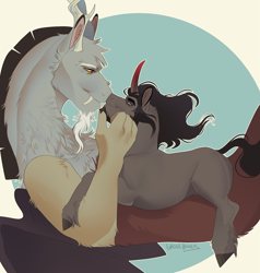 Size: 1947x2048 | Tagged: dead source, safe, artist:ghoulhowls, discord, king sombra, draconequus, horse, pony, umbrum, unicorn, g4, antlers, boop, circle, duo, gay, handsome, horn, interspecies, kissing, looking at each other, looking at someone, lying down, male, nose kiss, noseboop, on back, outline, reformed sombra, shipping, sitting on person, smiling, smirk, sombracord, stallion, story included, stupid sexy discord, stupid sexy sombra, touching face, white outline