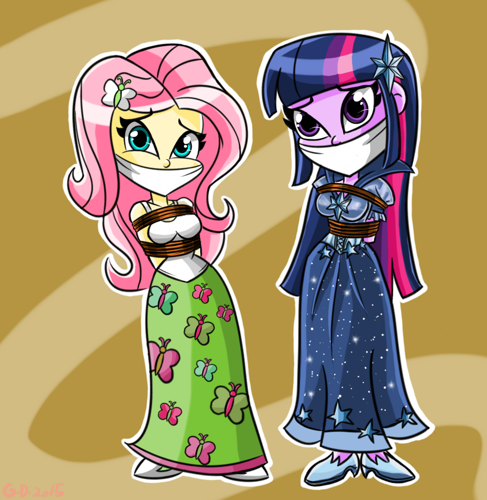 2857037 - safe, artist:gaggeddude32, fluttershy, twilight sparkle,  equestria girls, g4, arm behind back, bondage, bound and gagged, breasts,  cloth gag, clothes, damsel in distress, dress, female, gag, gala dress,  help, help us,