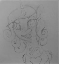 Size: 522x569 | Tagged: safe, artist:mjangelvortex, princess cadance, queen chrysalis, alicorn, changeling, pony, canterlot wedding 10th anniversary, g4, disguise, disguised changeling, fake cadance, fangs, female, forked tongue, lidded eyes, mare, slit pupils, solo, traditional art, wip