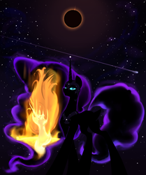 Size: 2888x3456 | Tagged: safe, artist:hc0, daybreaker, nightmare moon, pony, g4, banishment, burning, eclipse, high res, night, shooting star, space, stars