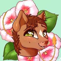 Size: 3600x3600 | Tagged: safe, artist:howdy_8008, oc, oc:hollyhock, earth pony, pony, bojack horseman, ear piercing, female, flower, freckles, gradient background, green eyes, high res, hollyhock manheim-mannheim-guerrero-robinson-zilberschlag-hsung-fonzerelli-mcquack, jewelry, mare, piercing, ponified, short mane, solo