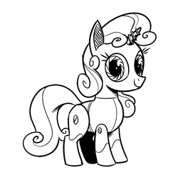 Size: 871x856 | Tagged: safe, artist:mellodillo, sweetie belle, pony, robot, robot pony, unicorn, friendship is witchcraft, g4, aperture iris, black and white, female, filly, foal, grayscale, lineart, looking at you, monochrome, simple background, smiling, smiling at you, solo, sweetie bot, white background