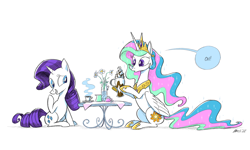 Size: 2000x1200 | Tagged: safe, artist:mellodillo, princess celestia, rarity, alicorn, pony, unicorn, g4, coffee, coffee cup, cup, cute, cutelestia, date, duo, duo female, female, food, frappuccino, frown, grin, hoof hold, lesbian, mare, open mouth, ship:rarilestia, shipping, simple background, sitting, smiling, speech bubble, stifling laughter, sugarcube, whipped cream, white background