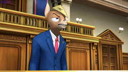 Size: 3840x2160 | Tagged: safe, artist:antonsfms, oc, oc only, oc:nickyequeen, donkey, anthro, 3d, ace attorney, alternate universe, anthro oc, attorney, badge, banner, clothes, commission, commissioner:nickyequeen, court, courtroom, crossover, desk, donkey oc, formal attire, formal wear, high res, image set, male, necktie, nickywright, phoenix wright, slouching, solo, source filmmaker, suit