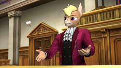 Size: 3840x2160 | Tagged: safe, artist:antonsfms, oc, oc only, oc:nickyequeen, donkey, anthro, 3d, ace attorney, alternate universe, anthro oc, attorney, badge, banner, clothes, commission, commissioner:nickyequeen, court, courtroom, crossover, desk, donkey oc, formal attire, formal wear, high res, image set, male, necktie, nickywright, phoenix wright, solo, source filmmaker, suit