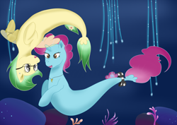 Size: 2912x2059 | Tagged: safe, artist:nabhalim, oc, oc only, pegasus, pony, seapony (g4), unicorn, bubble, coral, dorsal fin, female, fin wings, fins, fish tail, flowing tail, gift art, high res, jewelry, looking at each other, looking at someone, male, mare, necklace, ocean, open mouth, seaponified, seaquestria, shipping, smiling, species swap, stallion, swimming, tail, underwater, water, wings