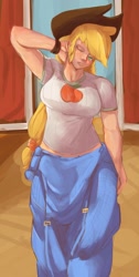 Size: 922x1823 | Tagged: safe, artist:applephil, applejack, human, g4, arm behind head, barn, breasts, busty applejack, clothes, female, humanized, one eye closed, overalls, solo