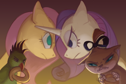 Size: 1200x800 | Tagged: safe, artist:yarugreat, fluttershy, opalescence, rarity, bird, cat, parrot, pegasus, pony, unicorn, g4, bust, confrontation, face to face, female, floppy ears, food, frown, gradient background, looking at each other, looking at someone, mare, no pupils, pretzel, profile, trio